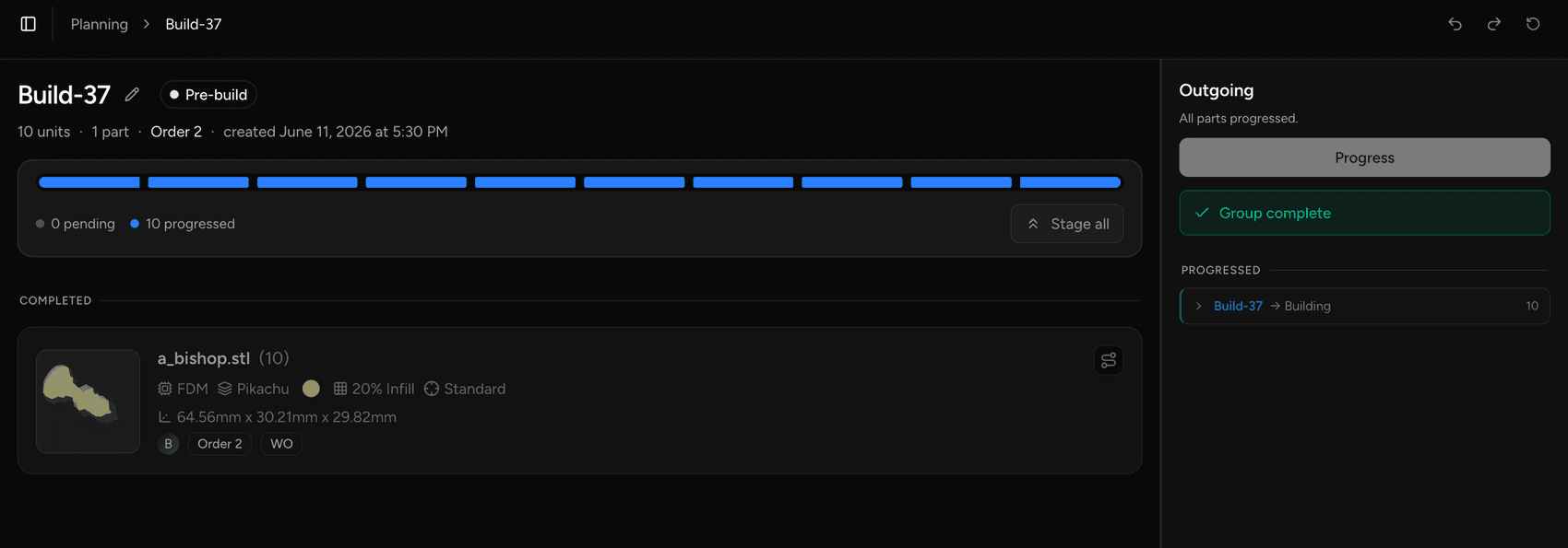 The build screen after progressing: an empty pending pool, a completed section, and the progressed build with its trace.