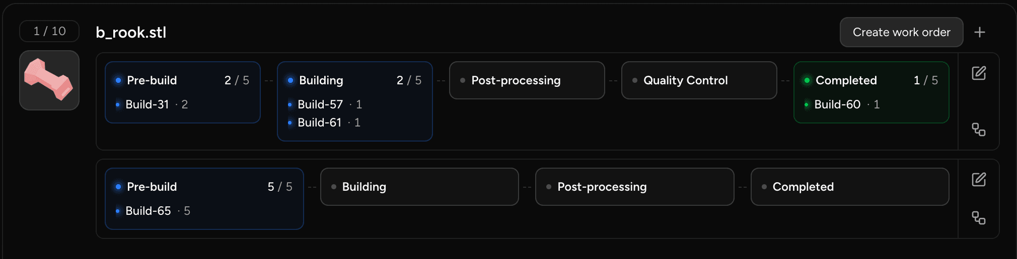 An order's Production tab showing two work order cards for the same part, each at a different stage.
