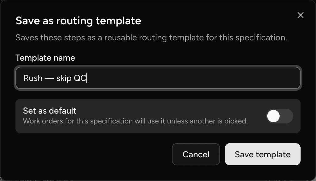 The Save as routing template action inside the routing editor of the scheduling dialog.