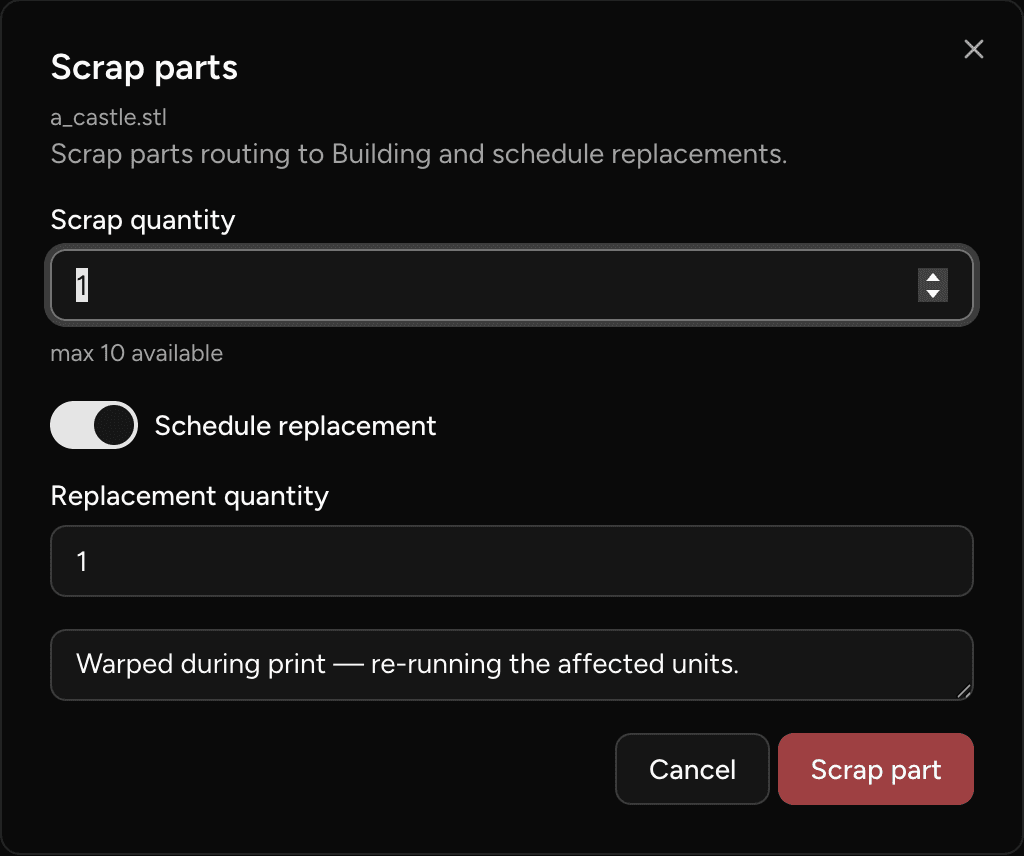 The Scrap parts dialog with a reason entered and Schedule replacement enabled with a replacement quantity.